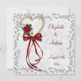 Convites Casamento de Rosa romântico, Ouros e Fita Vermelha