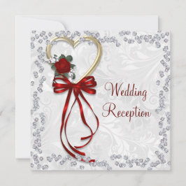 Convites Casamento de Rosa romântico, Ouros e Fita Vermelha