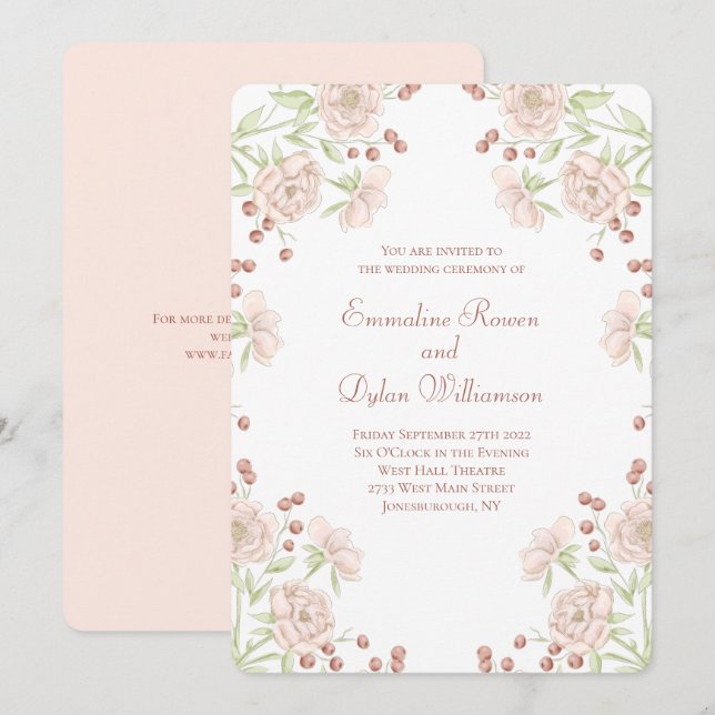 Convites Casamento de Rosa Rosa Bege (Frente/Verso)