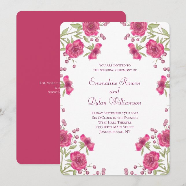 Convites Casamento de Rosa Rosa Brilhante (Frente/Verso)
