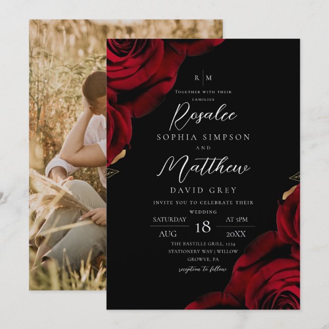 Convites Casamento de Rosa Vermelha Moderno e Personalizado (Frente/Verso)