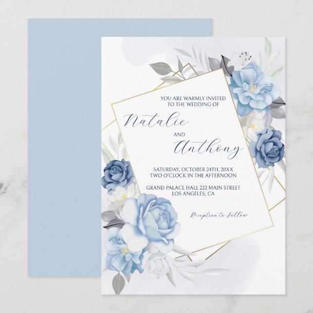 Convites Casamento de Rosas Azuis Elegante (Frente/Verso)