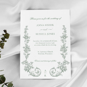 Convites Casamento de Rosas Barrocas Elegantes Sage