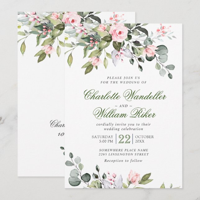 Convites Casamento de Rosas Bege de Eucalipto Elegante com  (Frente/Verso)