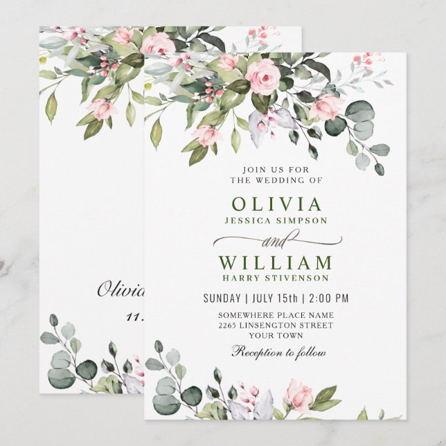 Convites Casamento de Rosas Bege de Eucalipto Elegante com  (Frente/Verso)