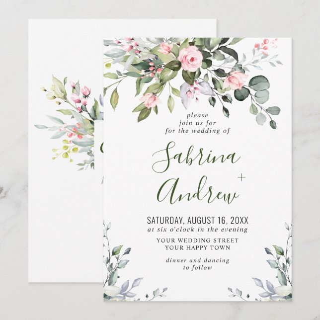 Convites Casamento de Rosas Bege de Eucalipto Elegante com  (Frente/Verso)