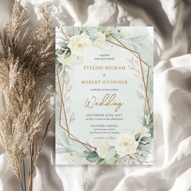 Convites Casamento de rosas brancas com script moderno euca (Modern script white roses eucalyptus wedding invitation)