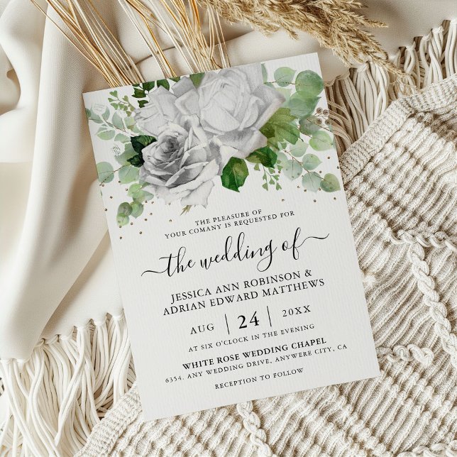 Convites Casamento de Rosas Brancas Elegantes e Folhagens d (Criador carregado)