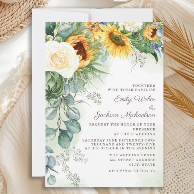Convites Casamento de Rosas Brancas Eucalyptus e Girassóis  (Elegant country-style sunflowers and eucalyptus wedding invitation)
