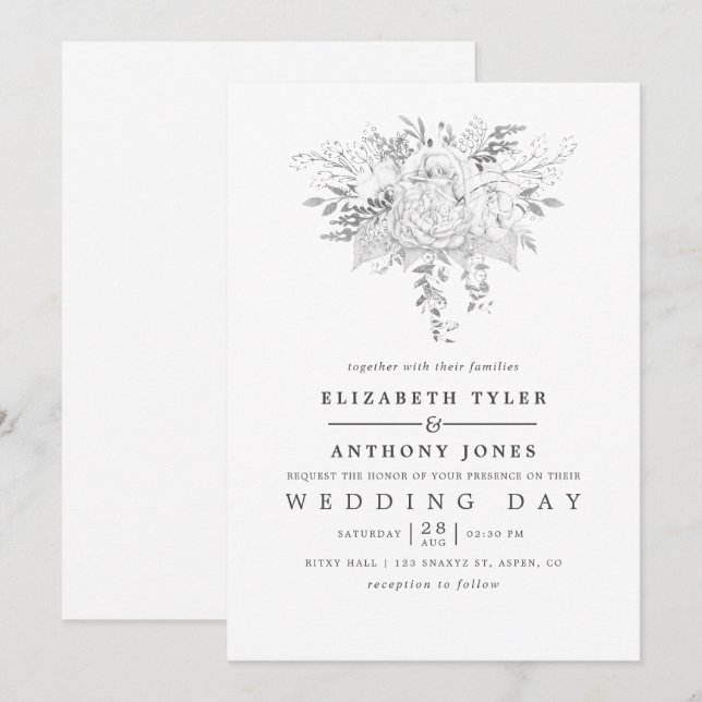 Convites Casamento de Rosas brancos e prateados (Frente/Verso)