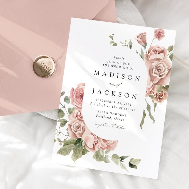 Convites Casamento de Rosas Cor-de-Rosa e Folhagens Elegant (Criador carregado)