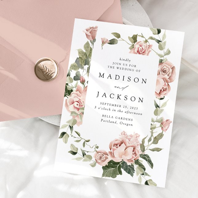 Convites Casamento de Rosas Cor-de-Rosa e Folhagens Elegant (Criador carregado)