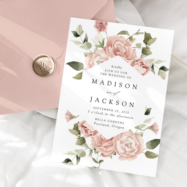 Convites Casamento de Rosas Cor-de-Rosa e Folhagens Elegant (Criador carregado)
