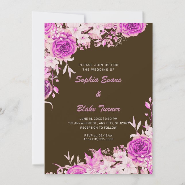 Convites Casamento de Rosas Cor-de-Rosa Elegantes em Marrom (Frente)