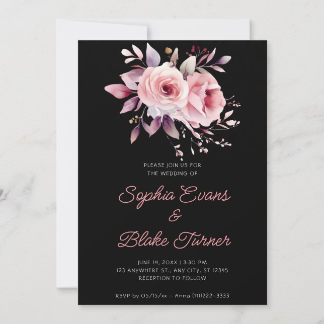 Convites Casamento de Rosas Cor-de-Rosa Modernas e Pretas (Frente)