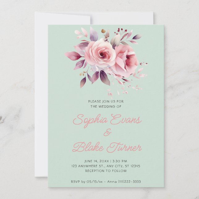 Convites Casamento de Rosas Cor-de-Rosa Modernas e Verde Cl (Frente)