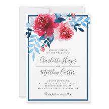Casamento de Rosas de Aquarela Azul Floral Vermelh