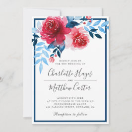 Convites Casamento de Rosas de Aquarela Azul Floral Vermelh