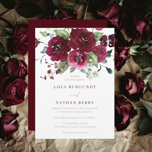 Convites Casamento de Rosas de Aquarela Burgundy (Criador carregado)