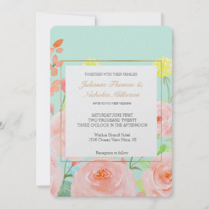 Convites Casamento de Rosas de Aquarela Rosa e Mint