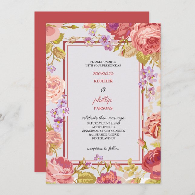 Convites Casamento de Rosas de Couve Vermelha Romântica Ind (Frente/Verso)