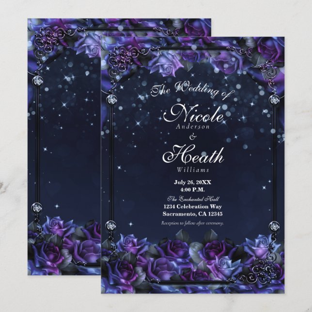 Convites Casamento de Rosas de Fantasia Roxo Encantado (Frente/Verso)