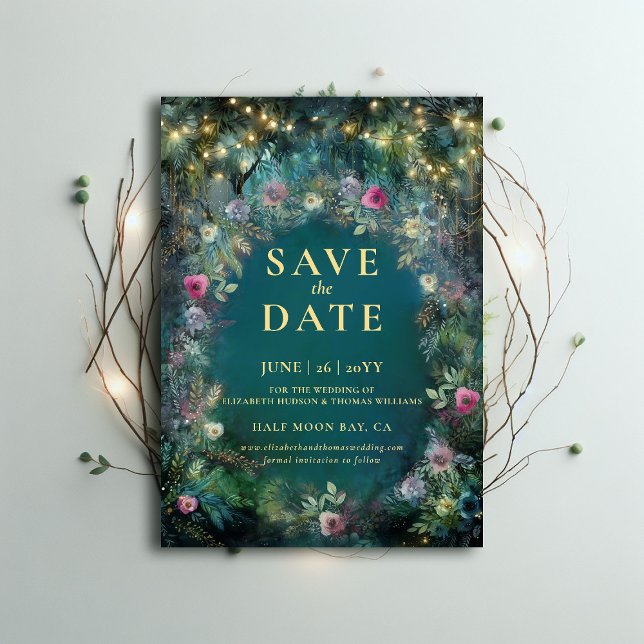 Convites Casamento de Rosas de Floresta Encantada Salva a D (enchanted forest wedding save date magical fairy tale woodland rose gold emerald green typography)