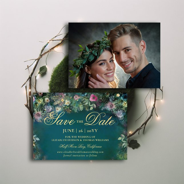Convites Casamento de Rosas de Floresta Encantada Salva a D (enchanted forest photo wedding save the date magic fairy tale woodland roses gold emerald green )