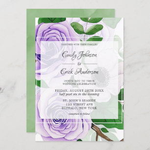 Convites Casamento de Rosas de Lavanda Roxo Aquarela Verde