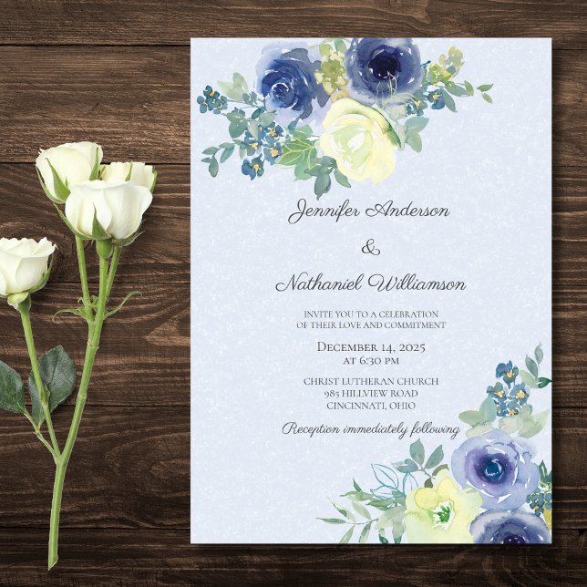 Convites Casamento de Rosas de marfim e azul de aquarela (Criador carregado)