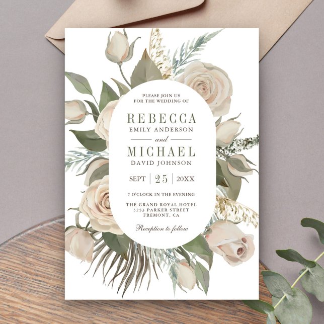 Convites Casamento de Rosas de Marfim Rústico Boho com Folh (Criador carregado)