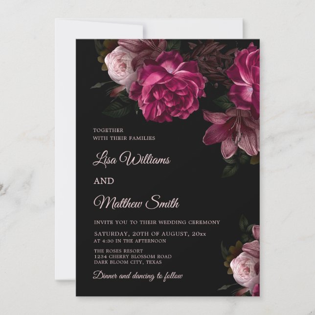 Convites Casamento de Rosas Desenhadas à Mão Dark Romantic (Frente)