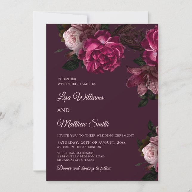 Convites Casamento de Rosas Desenhadas à Mão Dark Romantic (Frente)