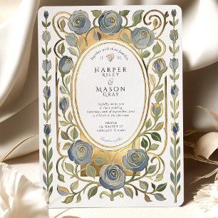 Convites Casamento de Rosas Douradas e Azul Poeira Art Nouv