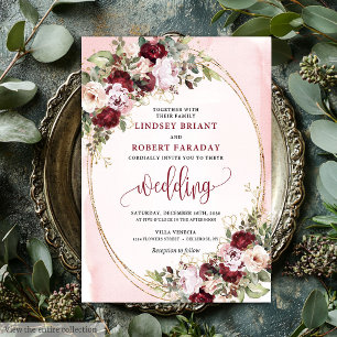 Convites Casamento de Rosas Douradas e Bege Burgundy Boho G