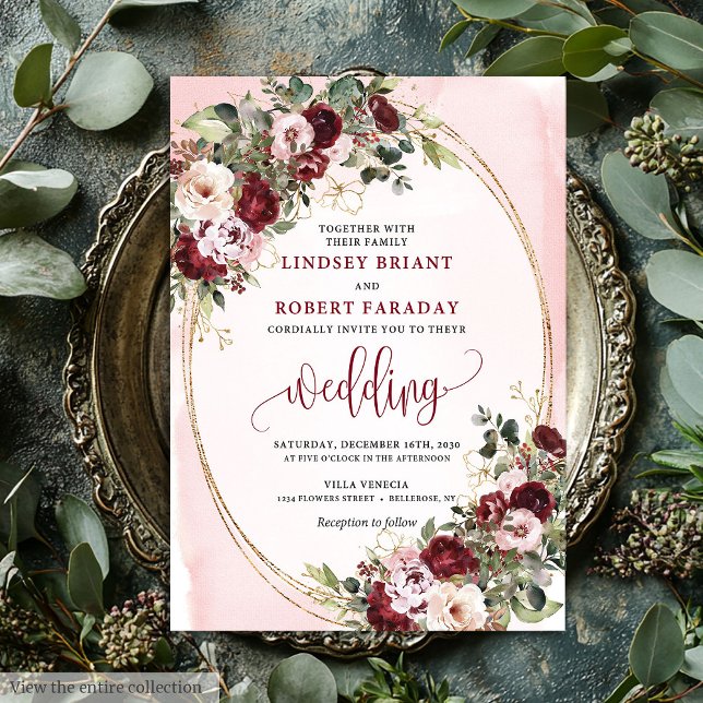 Convites Casamento de Rosas Douradas e Blush Marsala Boho R (Romantic Boho Marsala Blush Gold Roses Wedding Invite

)