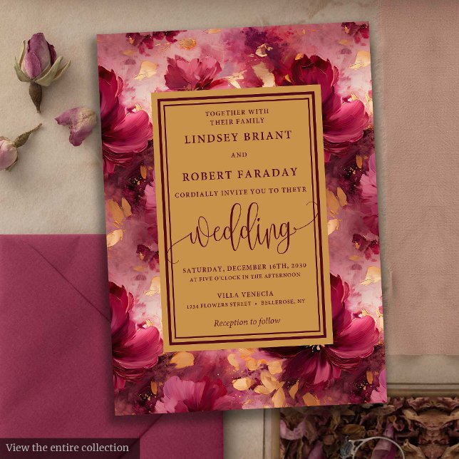 Convites Casamento de Rosas Dourados com Blush Vermelho  Mo (Modern Lux Deep Red Blush Gold Roses Wedding Invitation)
