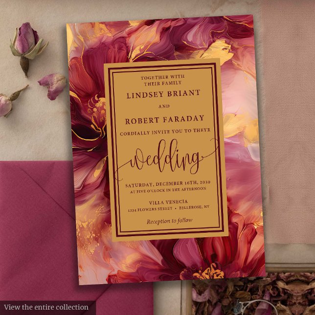 Convites Casamento de Rosas Dourados com Lux Burgundy (Elegant Lux Burgundy Blush Gold Roses Wedding Invitation)