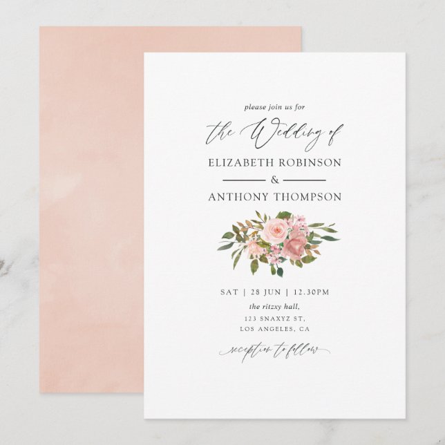 Convites Casamento de Rosas Dourados, cor-de-rosa-embebida  (Frente/Verso)