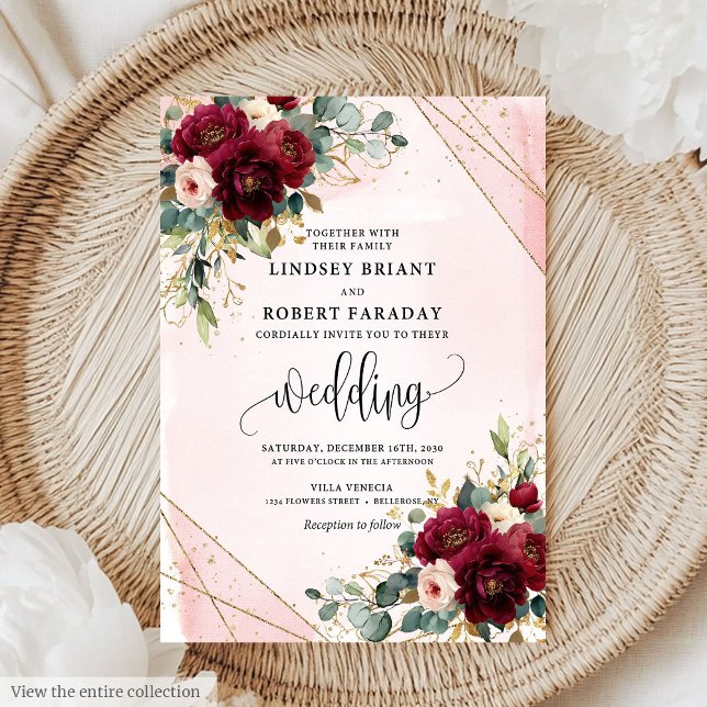 Convites Casamento de Rosas Dourados  Vermelhos Modernos Bo (Modern Boho Deep Red Gold Blush Roses Wedding Invitation)