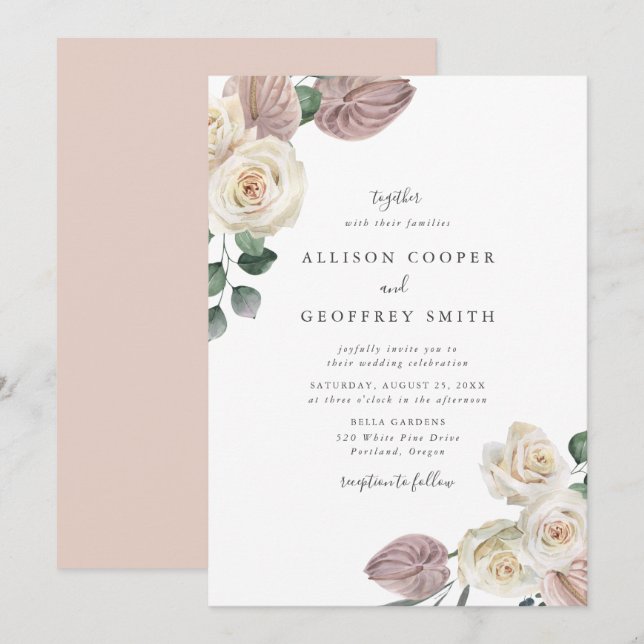 Convites Casamento de Rosas e Orquídeas em Aquarela (Frente/Verso)