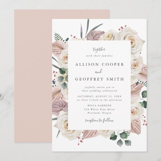 Convites Casamento de Rosas e Orquídeas em Aquarela (Frente/Verso)