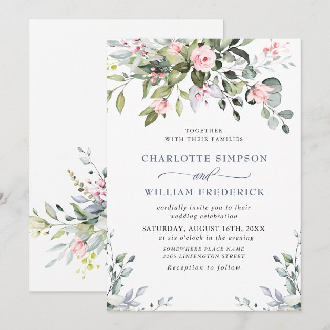 Convites Casamento de Rosas Elegante Eucalyptus Blush (Frente/Verso)