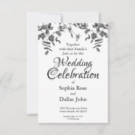 Convites Casamento de rosas em aquarela preta moderna