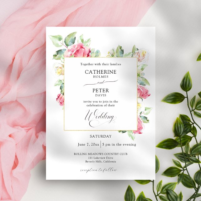 Convites Casamento de Rosas em Aquarela Rosa Bege/Ivory Rom (Criador carregado)
