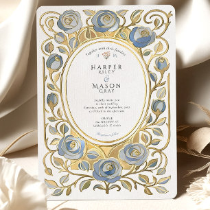 Convites Casamento de Rosas em Azul Poeirento e Dourado no 