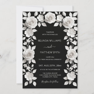 Convites Casamento de Rosas em Relevo Falso Preto e Branco