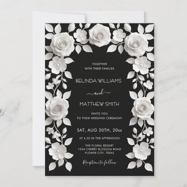 Convites Casamento de Rosas em Relevo Falso Preto e Branco (Frente)