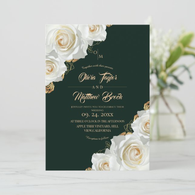 Convites Casamento de Rosas Esmeralda Verde e Brancas (Em pé/Frente)