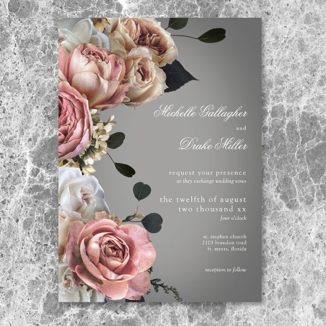 Convites Casamento de Rosas Florais Brancas Elegantes (Elegant Pink White Floral Roses Gray Wedding Invitation)